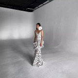 Sweet printed hollow out design suspender V-neck long skirt with floral decoration and ruffle edge dress