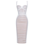 Heart shaped neckline, velvet mesh, fishbone, waistband, buttocks, sexy party, cocktail dress, women's dress