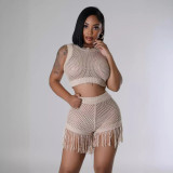 Knitted hand hook hollow tassel sexy shorts two-piece set