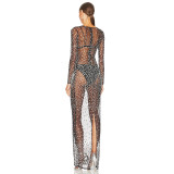 Round neck long sleeved hot diamond dress with fashionable and sexy design, mesh perspective clothing for women