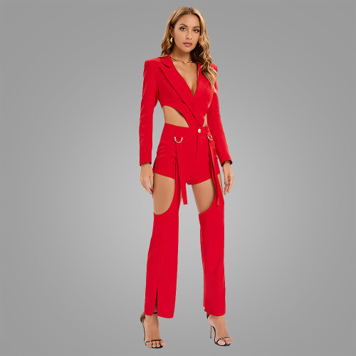 Hollow out sexy casual small suit, high waisted shorts, adjustable long pants, three piece set for women
