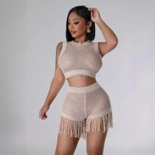 Knitted hand hook hollow tassel sexy shorts two-piece set