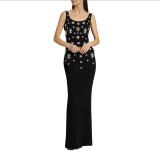 Sleeveless Square Neck Heavy Industry Nail Bead Long Dress Sexy Slim Fit Open Back Dress