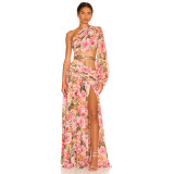 New European and American Spring/Summer Slanted Shoulder, Off waist, Sexy High Fork Printed Dress for Women