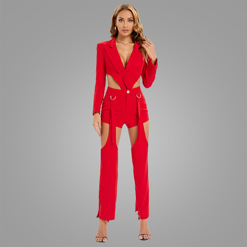 Hollow out sexy casual small suit, high waisted shorts, adjustable long pants, three piece set for women