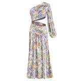 New European and American Spring/Summer Slanted Shoulder, Off waist, Sexy High Fork Printed Dress for Women