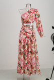 New European and American Spring/Summer Slanted Shoulder, Off waist, Sexy High Fork Printed Dress for Women