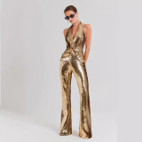 Fashionable new jumpsuit with sleeveless hanging neck, sexy waist closure, slimming effect, sequin pleated jumpsuit