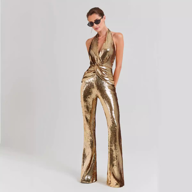 Fashionable new jumpsuit with sleeveless hanging neck, sexy waist closure, slimming effect, sequin pleated jumpsuit