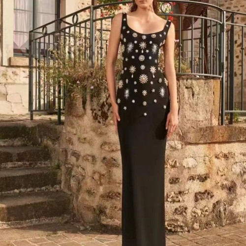 Sleeveless Square Neck Heavy Industry Nail Bead Long Dress Sexy Slim Fit Open Back Dress