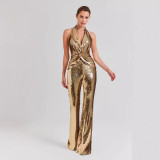 Fashionable new jumpsuit with sleeveless hanging neck, sexy waist closure, slimming effect, sequin pleated jumpsuit