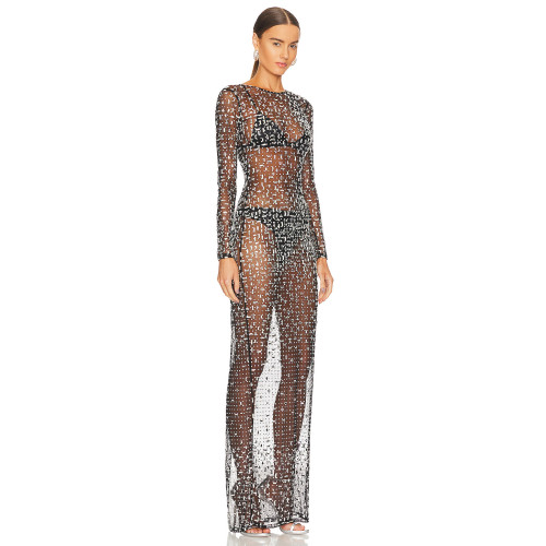 Round neck long sleeved hot diamond dress with fashionable and sexy design, mesh perspective clothing for women
