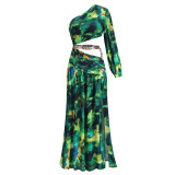 New European and American Spring/Summer Slanted Shoulder, Off waist, Sexy High Fork Printed Dress for Women