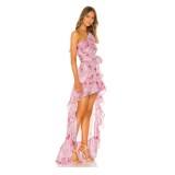 Summer New Irregular Tailed Dress with Belt Printed Oblique Shoulder Dress