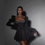 Elegant Bubble Long sleeved Square Neck Sequin Short Skirt Lace up Waist Slimming Dress