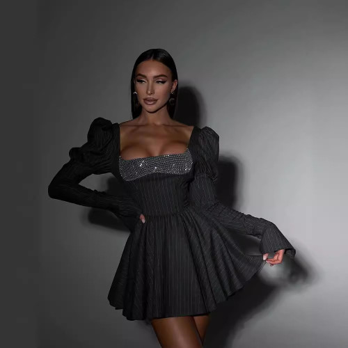 Elegant Bubble Long sleeved Square Neck Sequin Short Skirt Lace up Waist Slimming Dress
