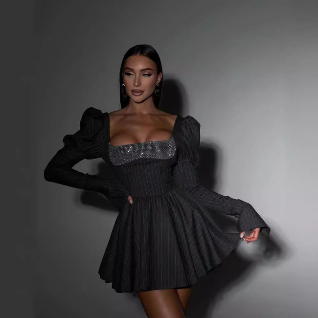 Elegant Bubble Long sleeved Square Neck Sequin Short Skirt Lace up Waist Slimming Dress