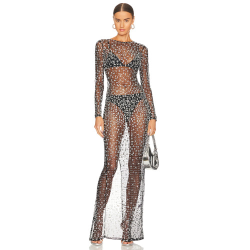 Round neck long sleeved hot diamond dress with fashionable and sexy design, mesh perspective clothing for women