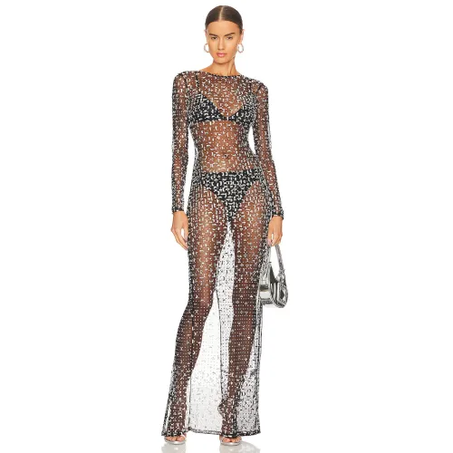Round neck long sleeved hot diamond dress with fashionable and sexy design, mesh perspective clothing for women