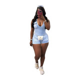 Women's new casual washed jumpsuit shorts