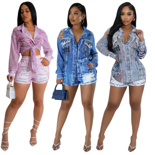 Fashion printed two-piece long sleeved shirt top with shorts and fake pockets