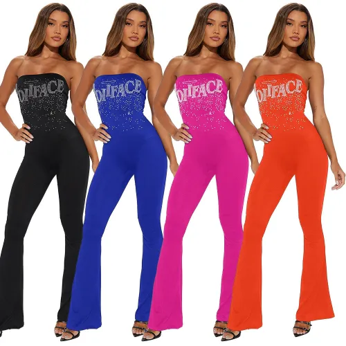 Summer New European and American Fashion Women's Sexy Bra Solid Color Pants Hot Diamond jumpsuit