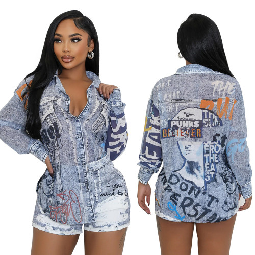 Fashion printed two-piece long sleeved shirt top with shorts and fake pockets