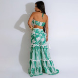 Tie up strapless top paired with loose wide leg pants two-piece set