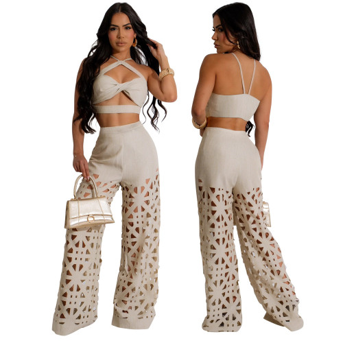 Two piece sexy suspender top paired with hollowed out wide leg pants for women