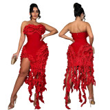 A strapless solid color dress, sexy and irregular tassel high slit dress for women