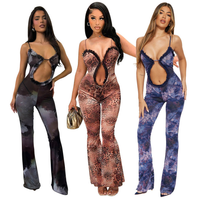 Hollow out navel slim fit micro horn jumpsuit for women's fashion and sexy perspective strap style