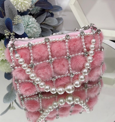 Pearl diamond chain handbag, mink fur ball handbag, French fairy bag, one shoulder crossbody bag