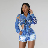 Fashion printed two-piece long sleeved shirt top with shorts and fake pockets