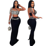 New fashionable suspender short hot diamond top paired with slim fitting hip wrap skirt