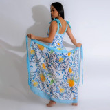 Sexy camisole jumpsuit with lace up skirt print two-piece set for women