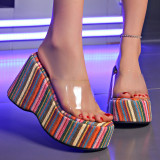 Thick sole sloping heel straight line slippers for women's cross-border high heels, solid color cloth surface beach sandals