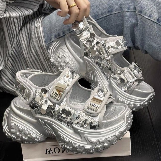 Heightened thick soled dad shoes for women, summer sequin one line sports sandals
