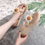 Instagram fake hemp sole tourist slope heel thick soled women's sandals Han Chao wearing herringbone flip flops flat bottomed beach flip flops