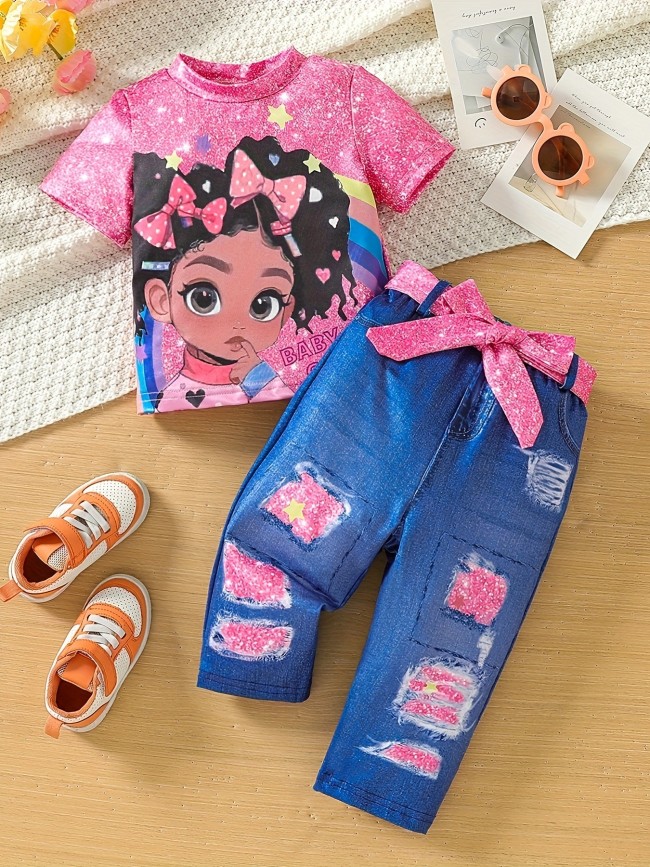 New girl's European and American style printed top+imitation jeans children's set