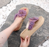 Instagram fake hemp sole tourist slope heel thick soled women's sandals Han Chao wearing herringbone flip flops flat bottomed beach flip flops