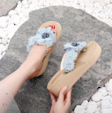 Instagram fake hemp sole tourist slope heel thick soled women's sandals Han Chao wearing herringbone flip flops flat bottomed beach flip flops