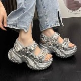 Heightened thick soled dad shoes for women, summer sequin one line sports sandals