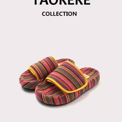 Velcro thick soled slippers, rainbow canvas casual outerwear flip flops
