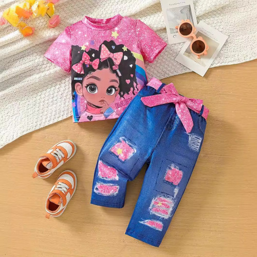 New girl's European and American style printed top+imitation jeans children's set