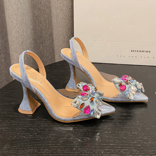 Bow tie high heels, rhinestone pointed toe, one line buckle, oversized sandals for women
