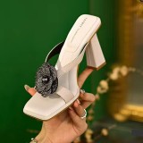 Flower Fashion One line Slippers for Women, Versatile for External Wear High Heels, Square Headed Thick Heel Sandals