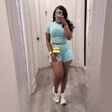 European and American women's wear pit stripe solid color round neck tight fitting short sleeved top, shorts, sports and leisure set