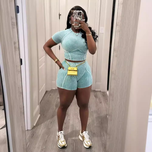 European and American women's wear pit stripe solid color round neck tight fitting short sleeved top, shorts, sports and leisure set