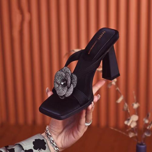 Flower Fashion One line Slippers for Women, Versatile for External Wear High Heels, Square Headed Thick Heel Sandals
