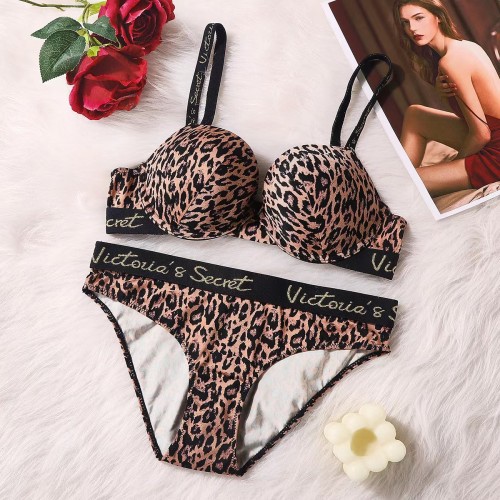 Leopard Pattern Underwear Gathering Women's Bra Set